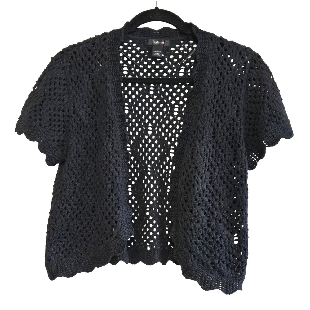 Style & Co, Women's Black Crochet Knit, Short Sleeve, 100 % Cotton, Shrug Sz L